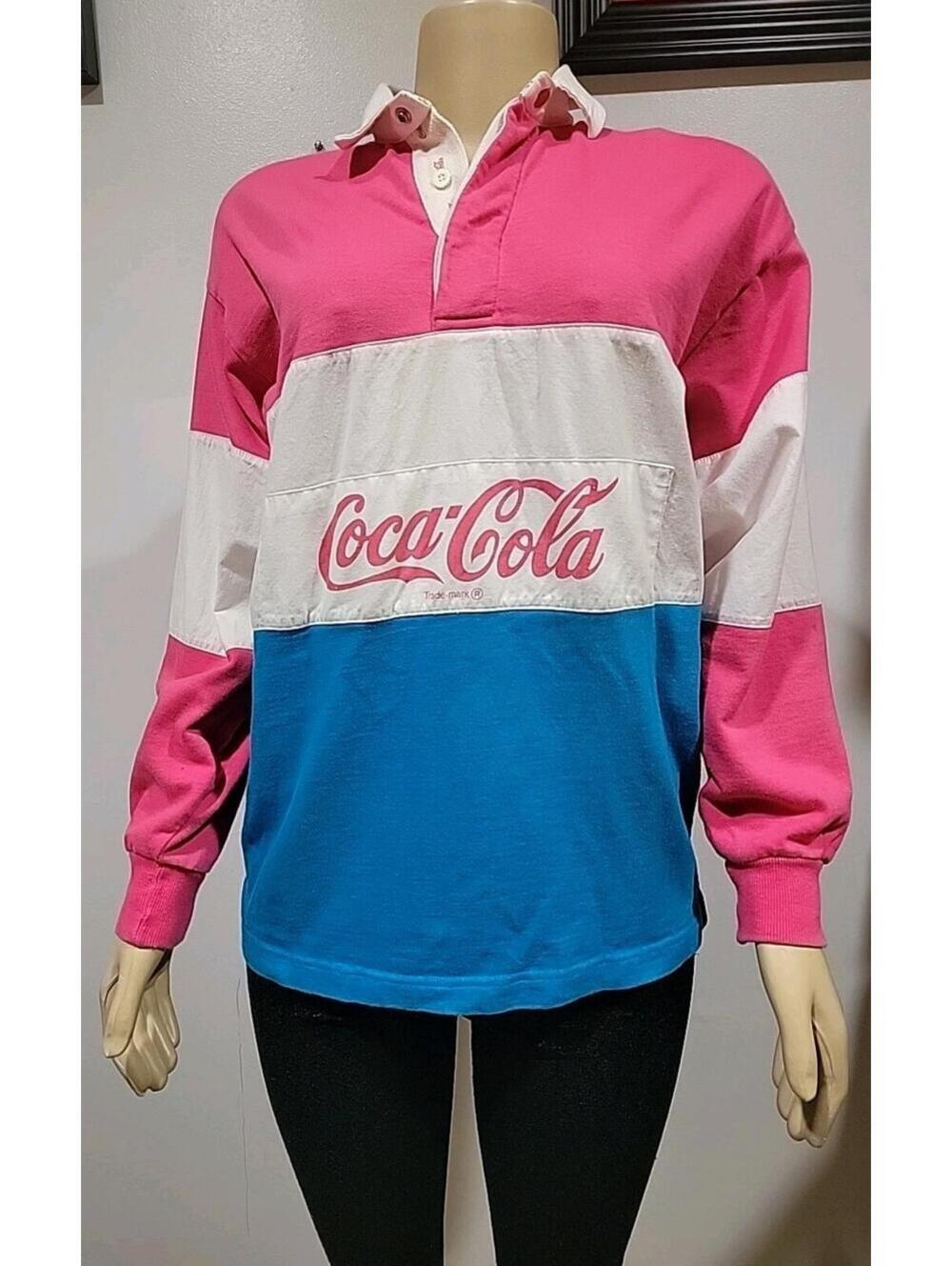 VTG 80s Coca Cola Rugby Shirt pink monoblock Size L Women's LS #C